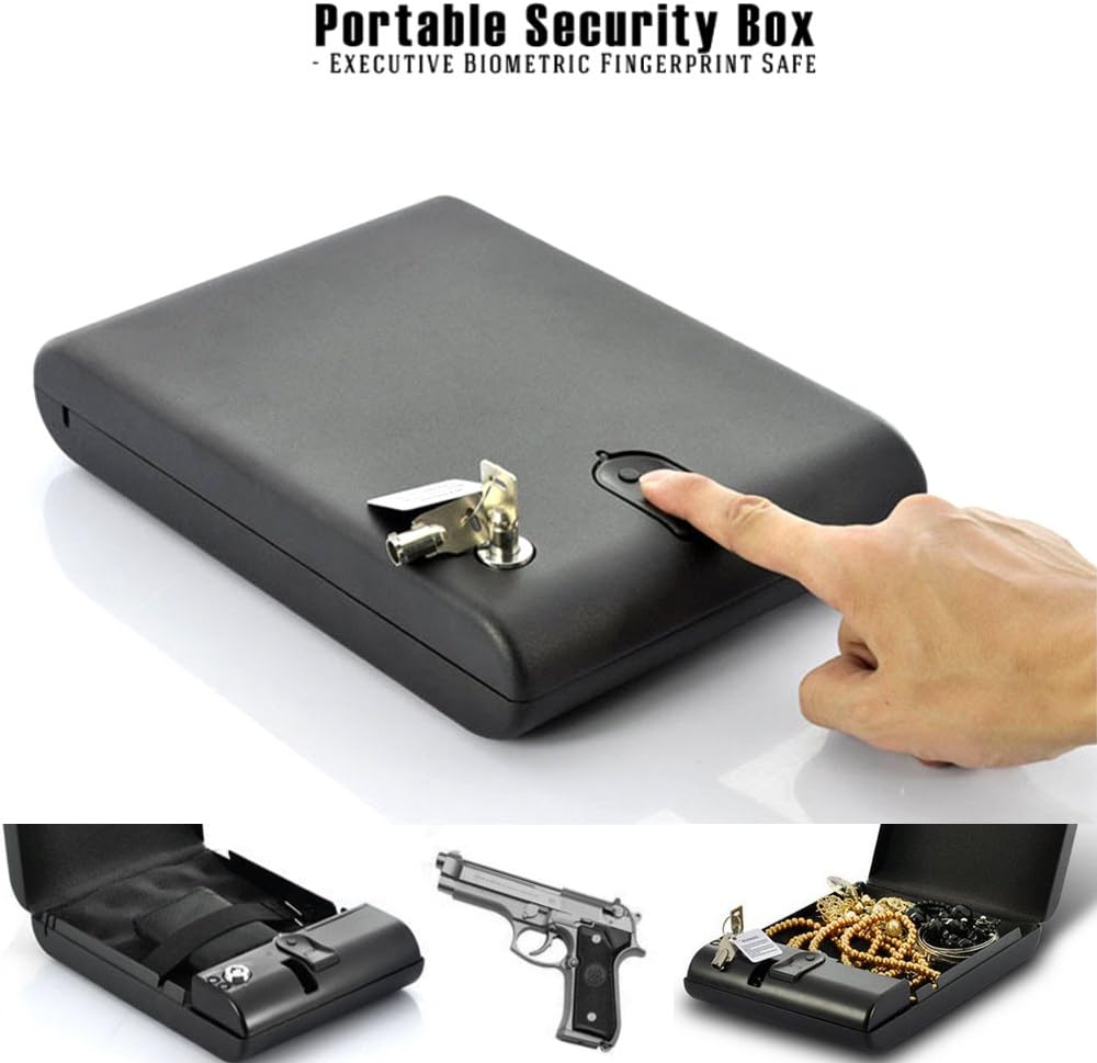 Portable Biometric Fingerprint Firearm, Jewelry and Valuables Safe and Security Box, Black