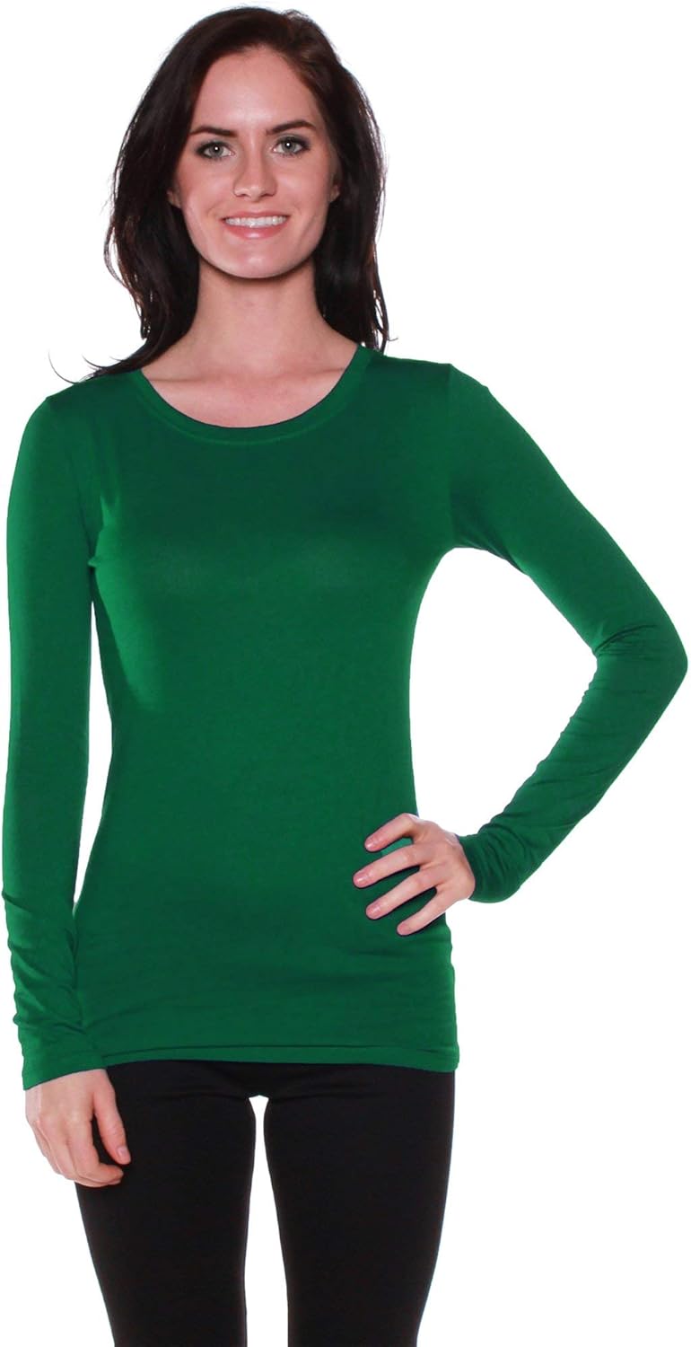 Active Basic Athletic Fitted Plain Long Sleeves Round Crew Neck T Shirt Top - Dark Green - Small