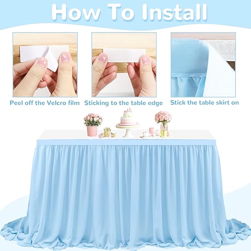 Miniatura 4 de MODFUNS Falda de mesa azul claro de 6 pies de gasa para mesas rectangulares, mantel de doble capa con volantes, falda para decoración de bufé de