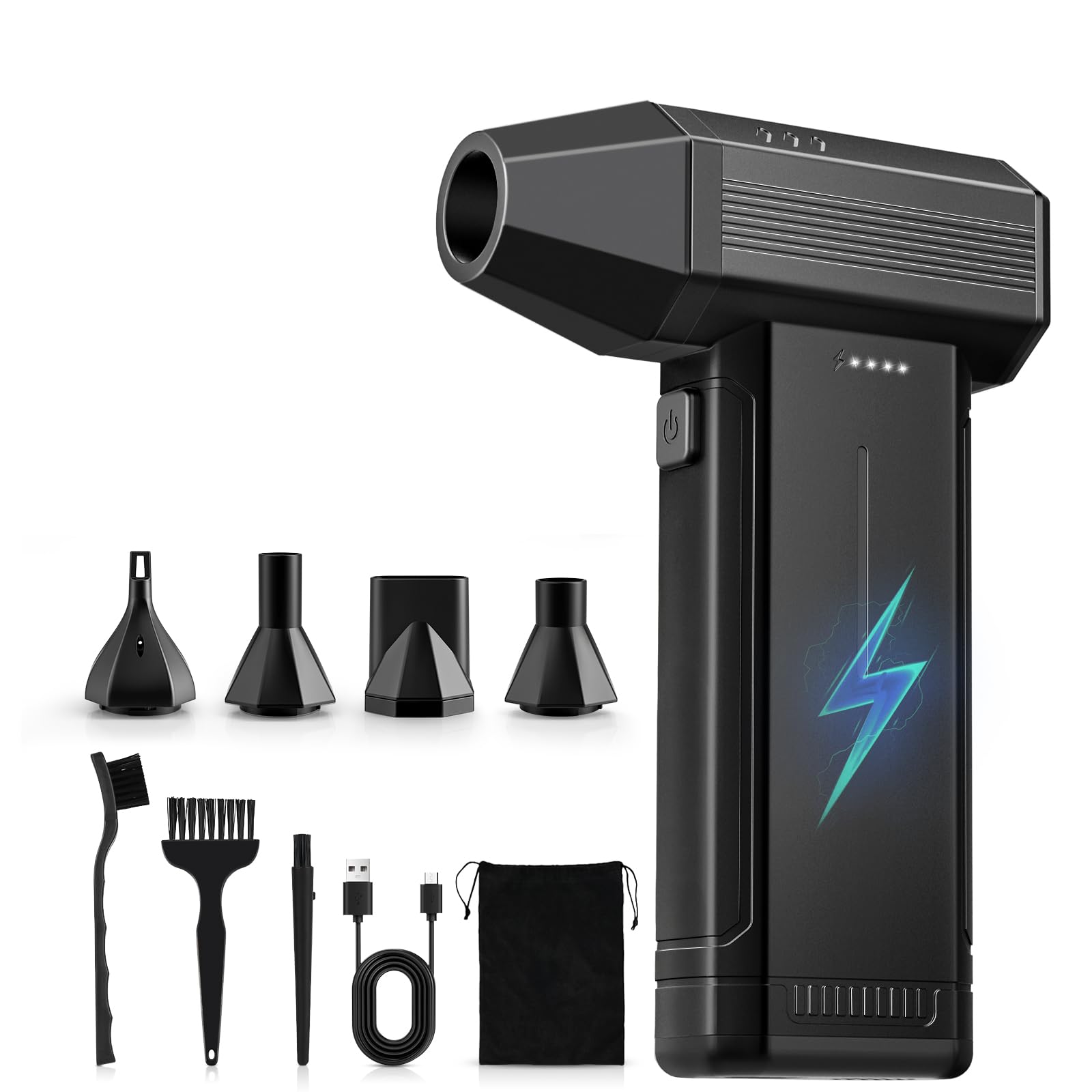 Soplador de Aire Potente con Luz LED, 6000 mAh 3 Velocidades 150000 RPM Soplador de Aire Comprimido Limpieza PC, Aire Comprimido Eléctrico Portátil Air Duster para Laptop, Coches, Sofás (negro)