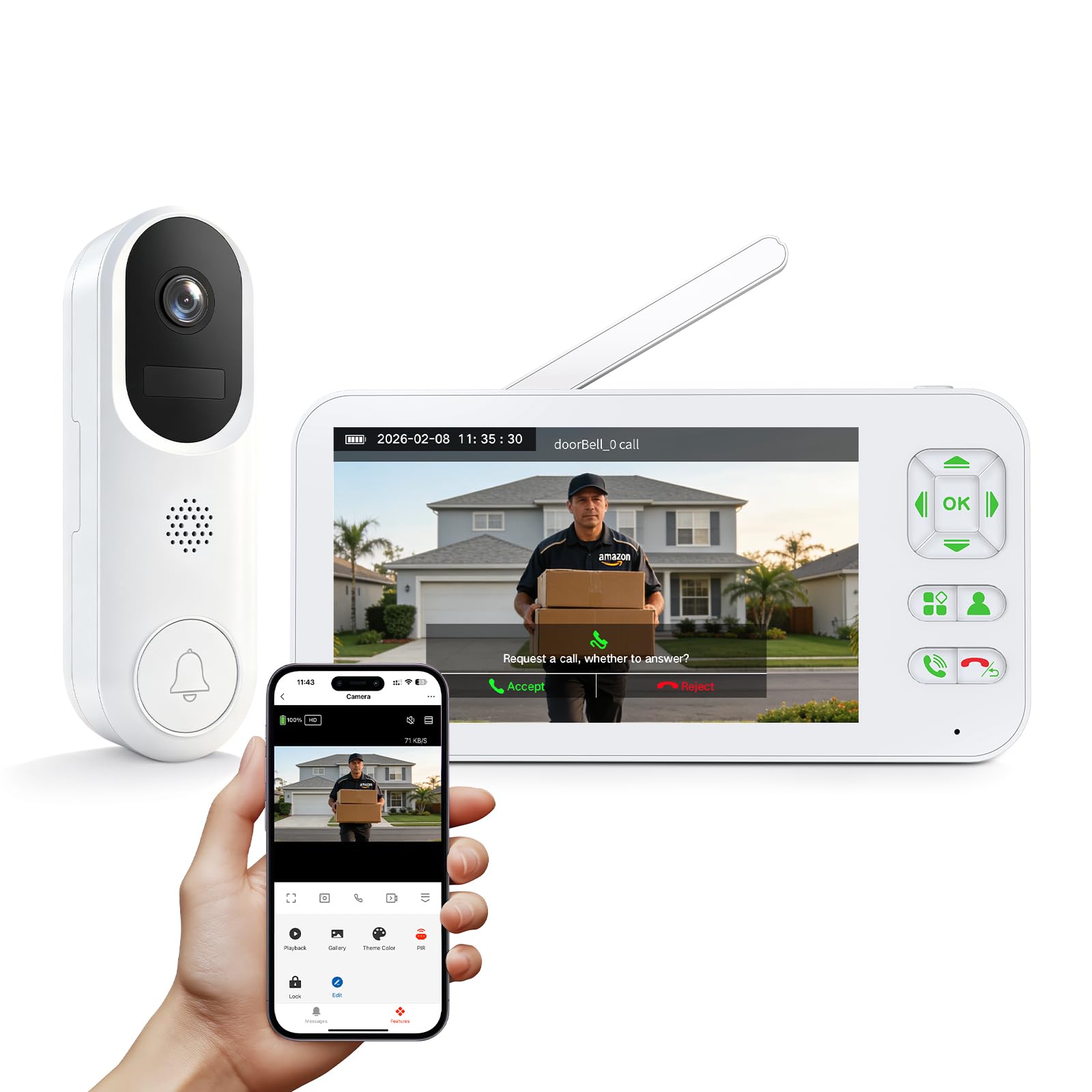XPJ Visiophone Sonnette sans Fil avec Camera et 5" Ecran Moniteur, Interphone Vidéo Connecté WiFi 1080P, Stockage Local, PIR Détection de Mouvement, Audio Bidirectionnel, Vision Nocturne, Tuya APP
