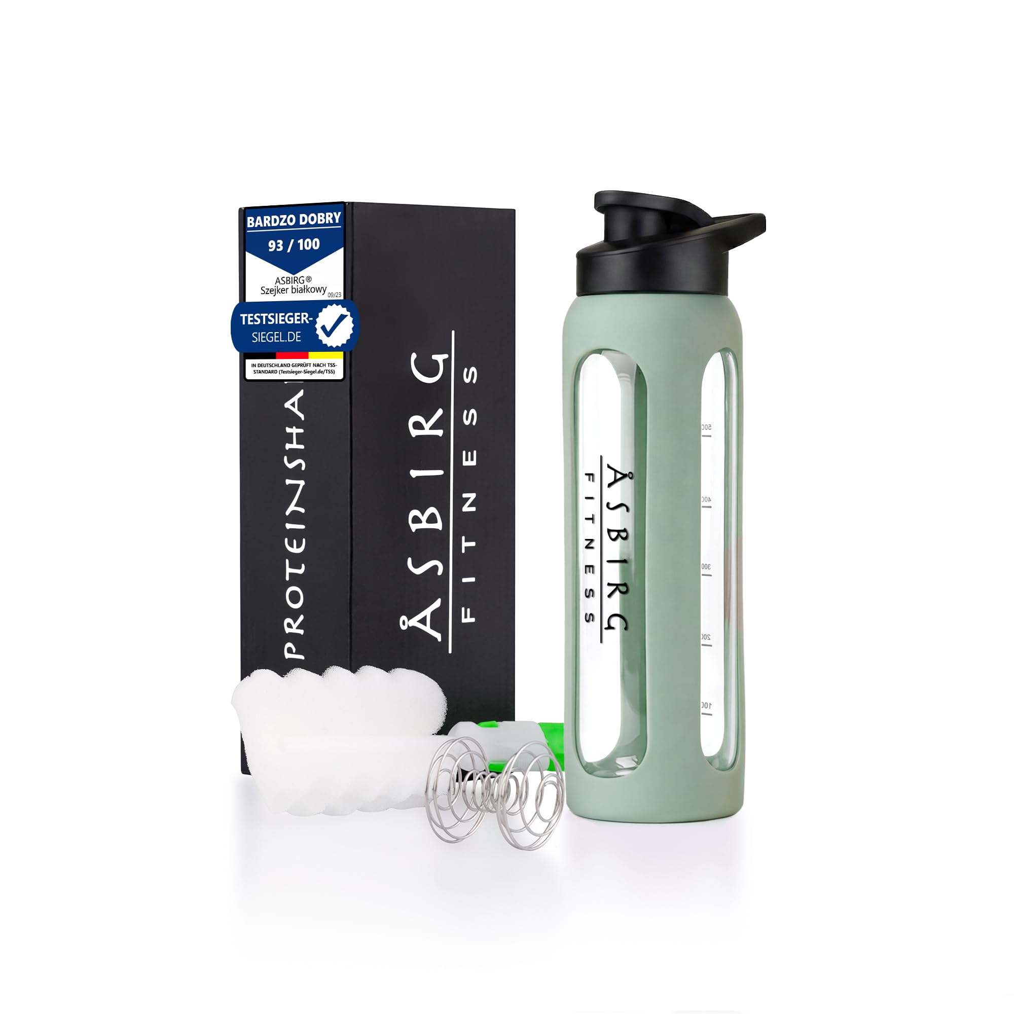 Fitness | Szklany shaker do białka 700 ml – butelka sportowa z silikonową osłonką, szczelna pokrywka i kulka miksująca ze stali nierdzewnej | Pastelowa Zieleń