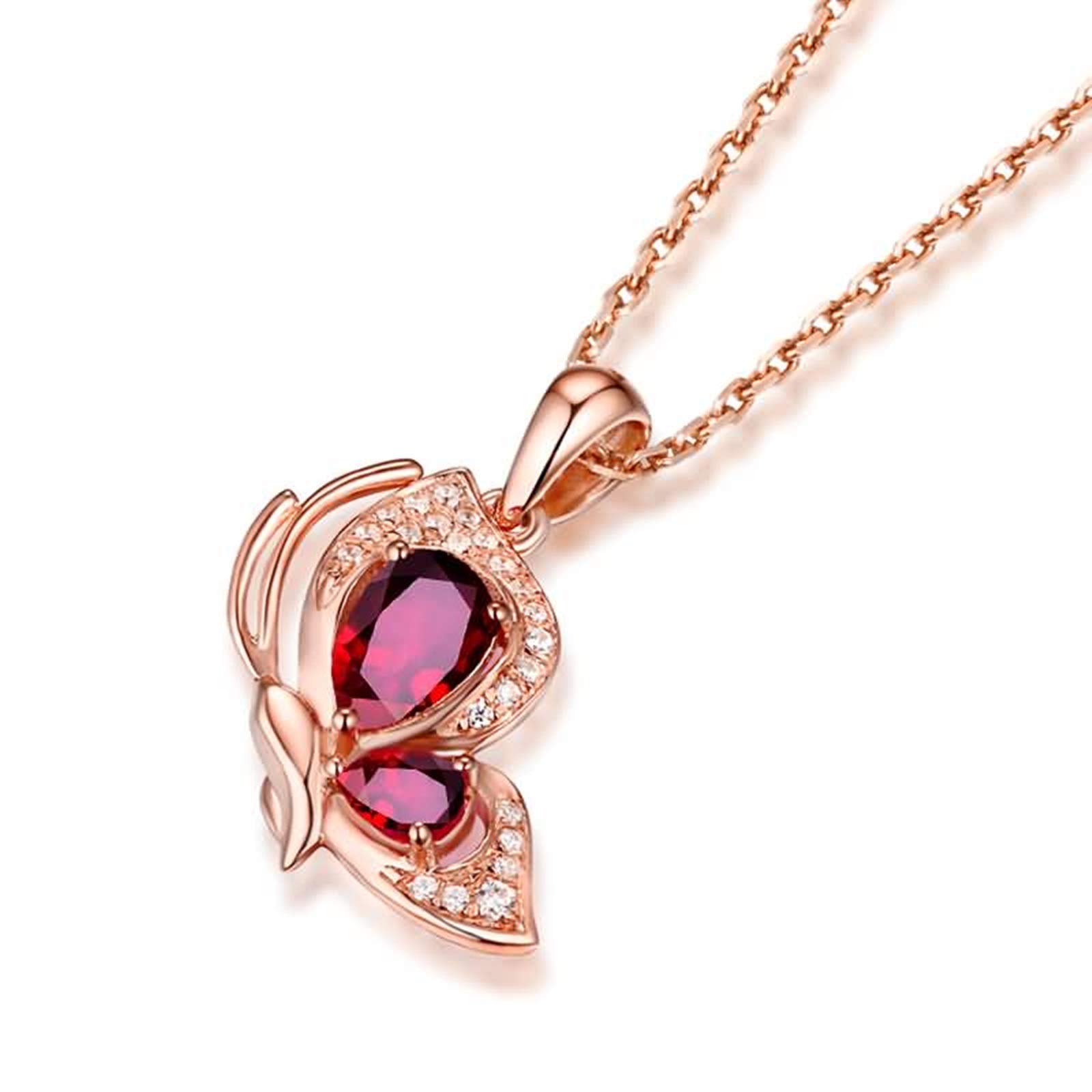 KnSam Damski łańcuszek na szyję ze złota 18 K, różowe złoto, damski łańcuszek z motylem rubin z 0,57 ct ruby różowe złoto