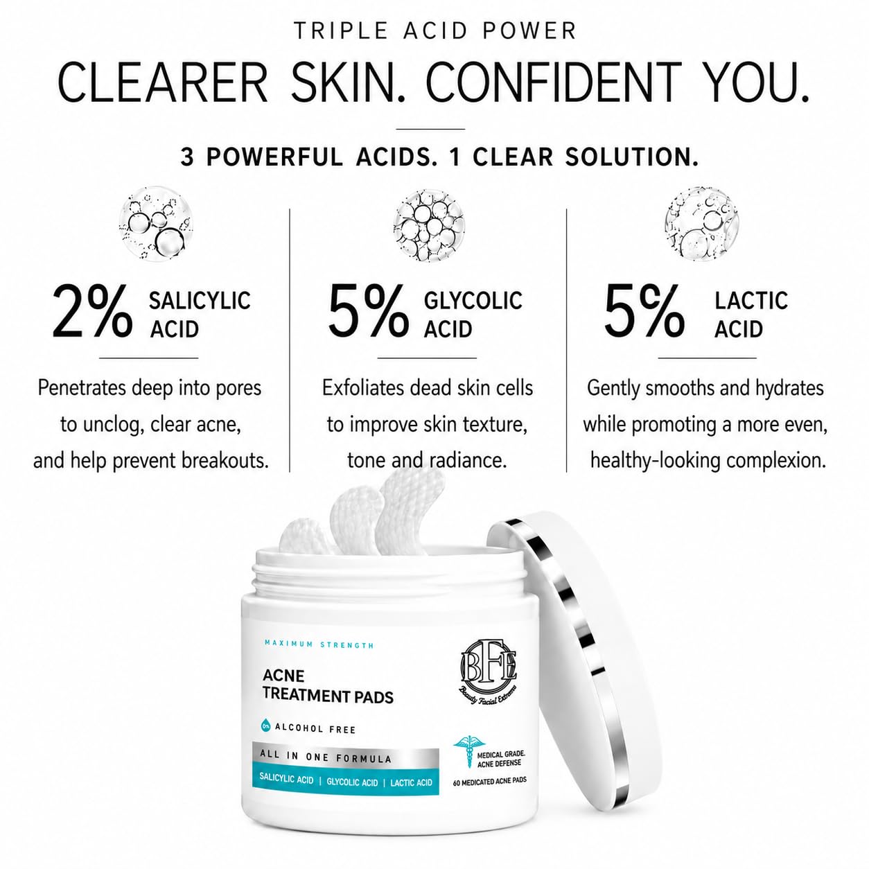 Acne Treatment Pads with Salicylic, Glycolic & Lactic Acids