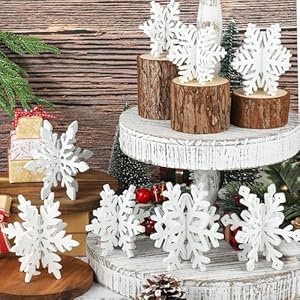 16 Pcs Christmas Snowflake Wooden Decor Winter 3D Snowflake Tabletop Sign Christmas Tiered Tray Decorations White Snowflake Wood Blocks Centerpiece for Xmas Wonderland Party Home Table Decor