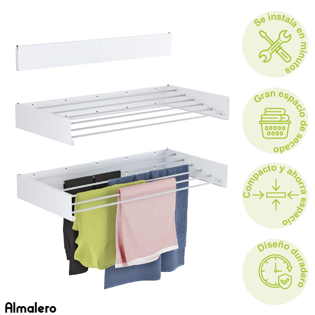 Tendedero Plegable de Pared - ANTIOXIDANTES- Tendedero - Tentedero Pared - Exterior e Interior - Tendederos Plegables - Calidad - 6 Barras - Carga Total 27 Kg - Blanco 100 Cm