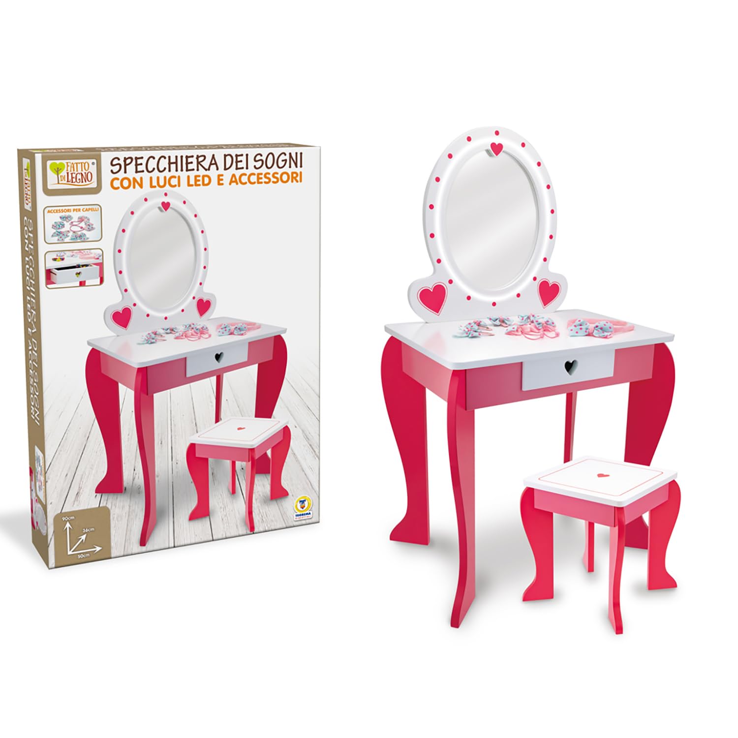 Teorema – FATTO DI LEGNO Specchiera dei Sogni in Legno Eco Alta 90 cm con Luci LED, Sgabello Incluso, Make Up Artist, Postazione Trucco Bambina Rosa e Bianco, Idea Regalo 3+ Anni