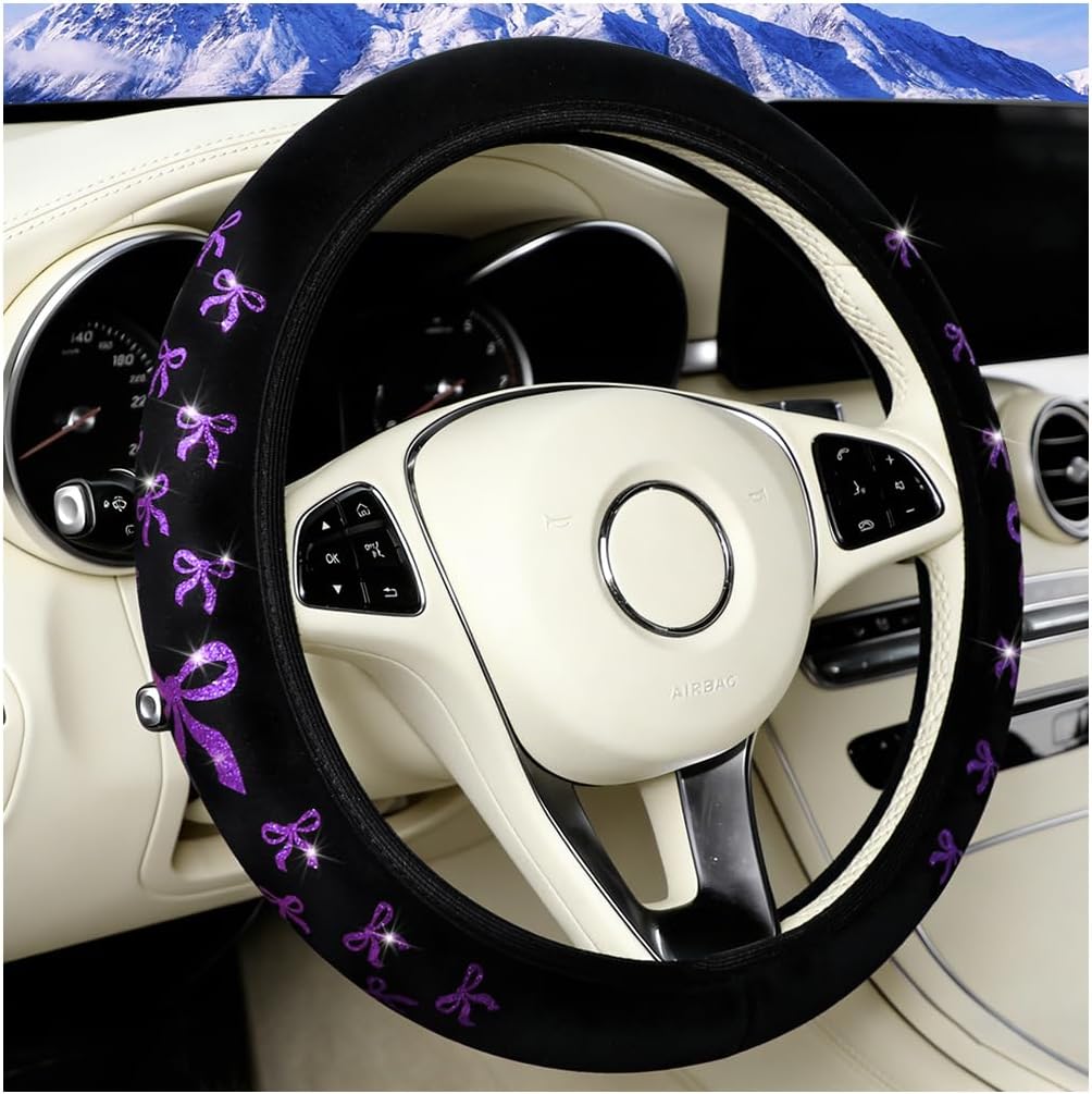 Car Elastic Stretch Steering Wheel Cover, 14.5-15" Cute Bow Breathable Non-Slip Steering Wheel Protector, Auto Interior Decor Accessories for Comfortable Driving, Universal Fit (Black/Pink)
