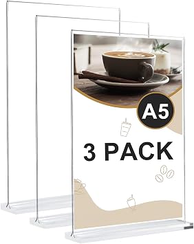 A5 Acrylic Sign Holder,3Pack Double Side Display ,Acrylic Poster Menu Holder,A5 Clear Poster Holder Perspex Display Stand,Great for Restaurant, Hotel, Documents, Office, Shop T-Shape