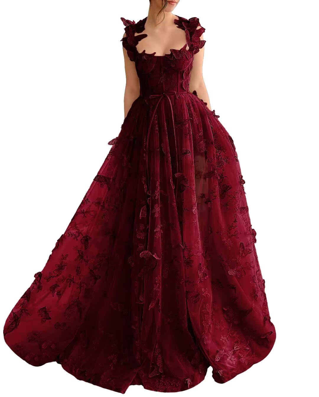 YUAOHUANG Corset Long Tulle Prom Dresses Butterfly Prom Dress for Women Lace Applique Fairy Ball Gown Butterfly Gowns