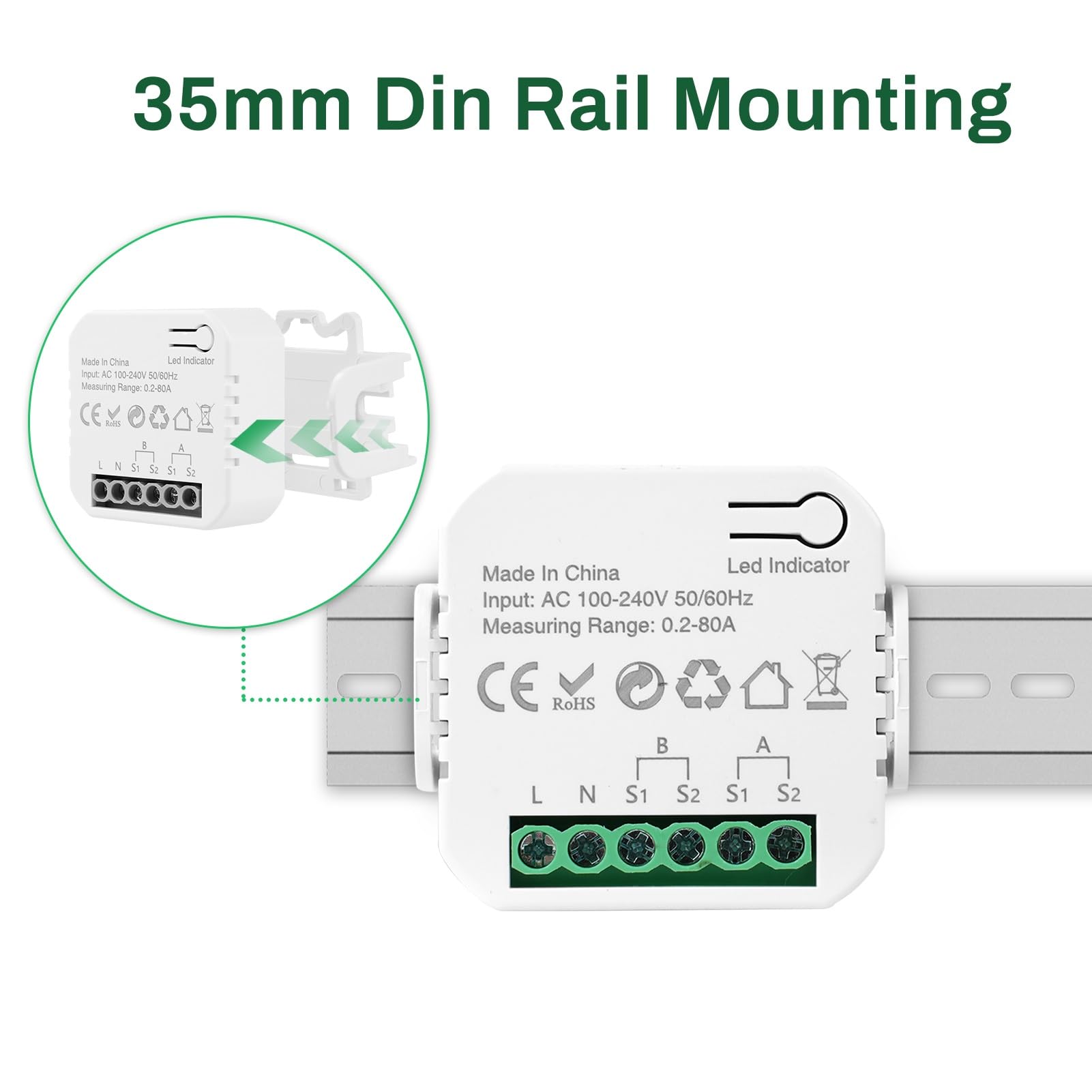Jadeshay Compteur Electrique Connecté 80A Compteur Electrique Moniteur D'énergie Domestique Wi-FI Bidirectionnel avec 2 Pince Compatible avec Tuya Smart Life