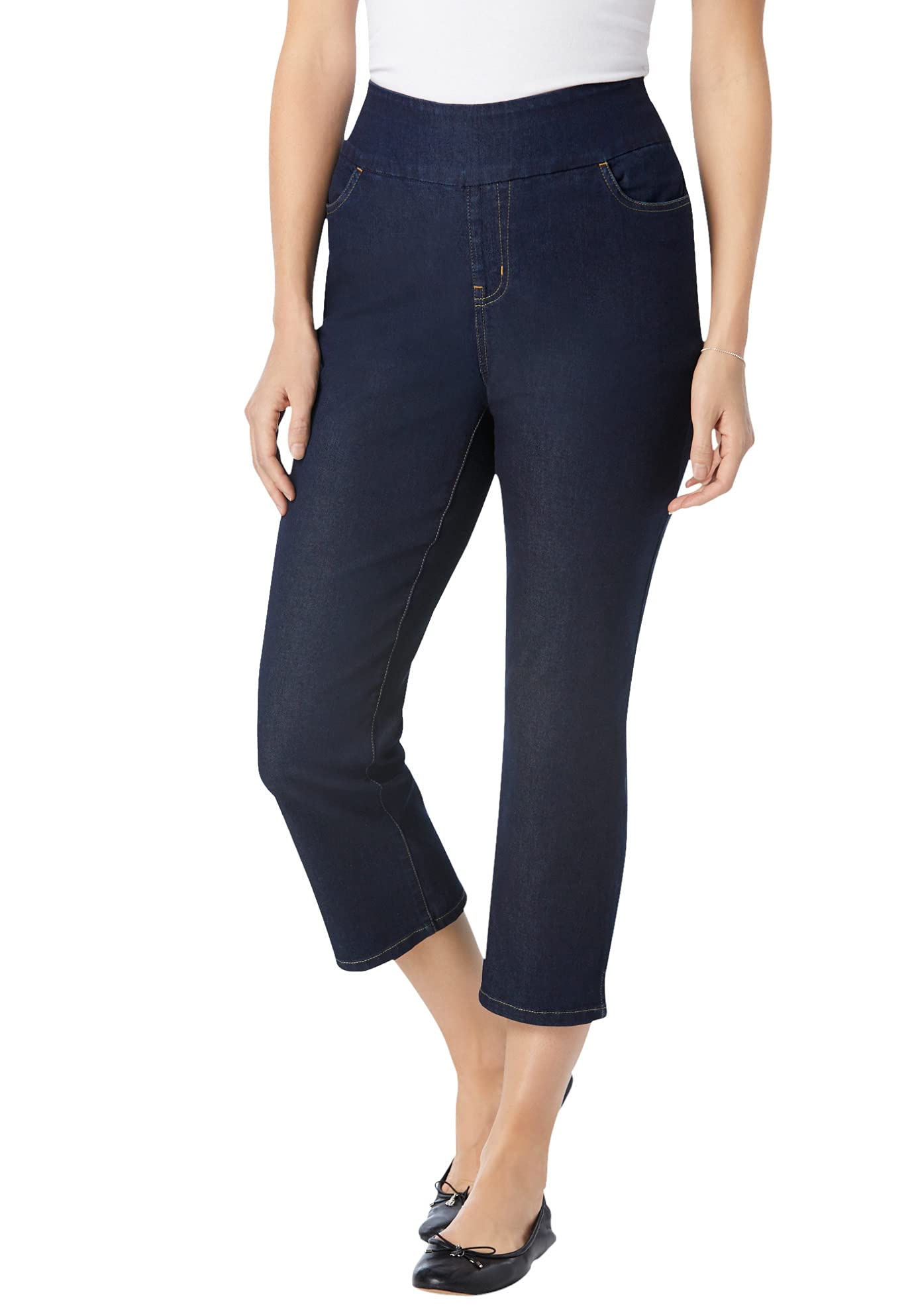 Woman Within Plus Size Pull-On Elastic-Waist Stretch Denim Capri Jeans