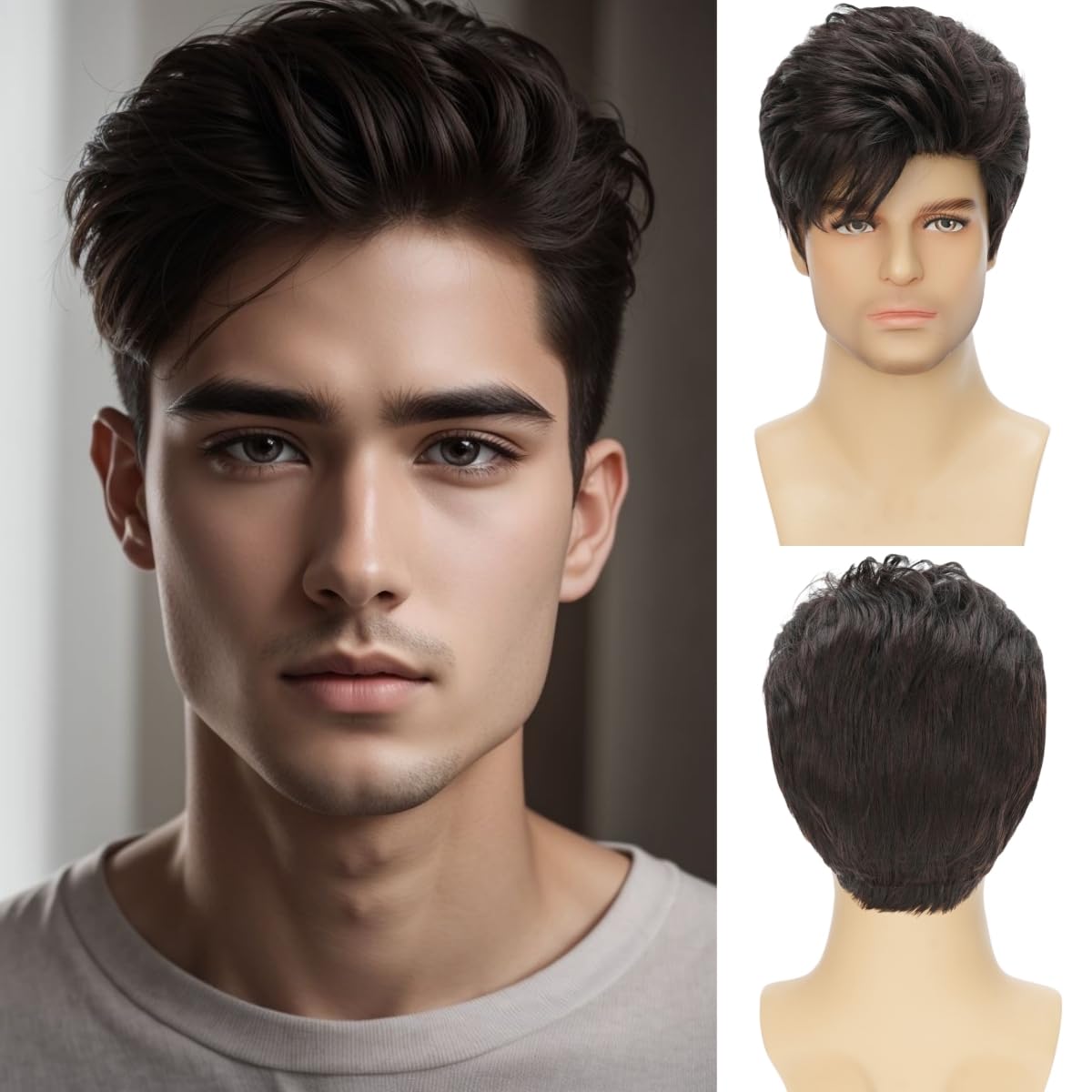 Photo 1 of Miradin Mens Wig Short Brown Wavy Wig Synthetic Natural Looking Heat Resistant Wig Daily Party Cosplay Halloween