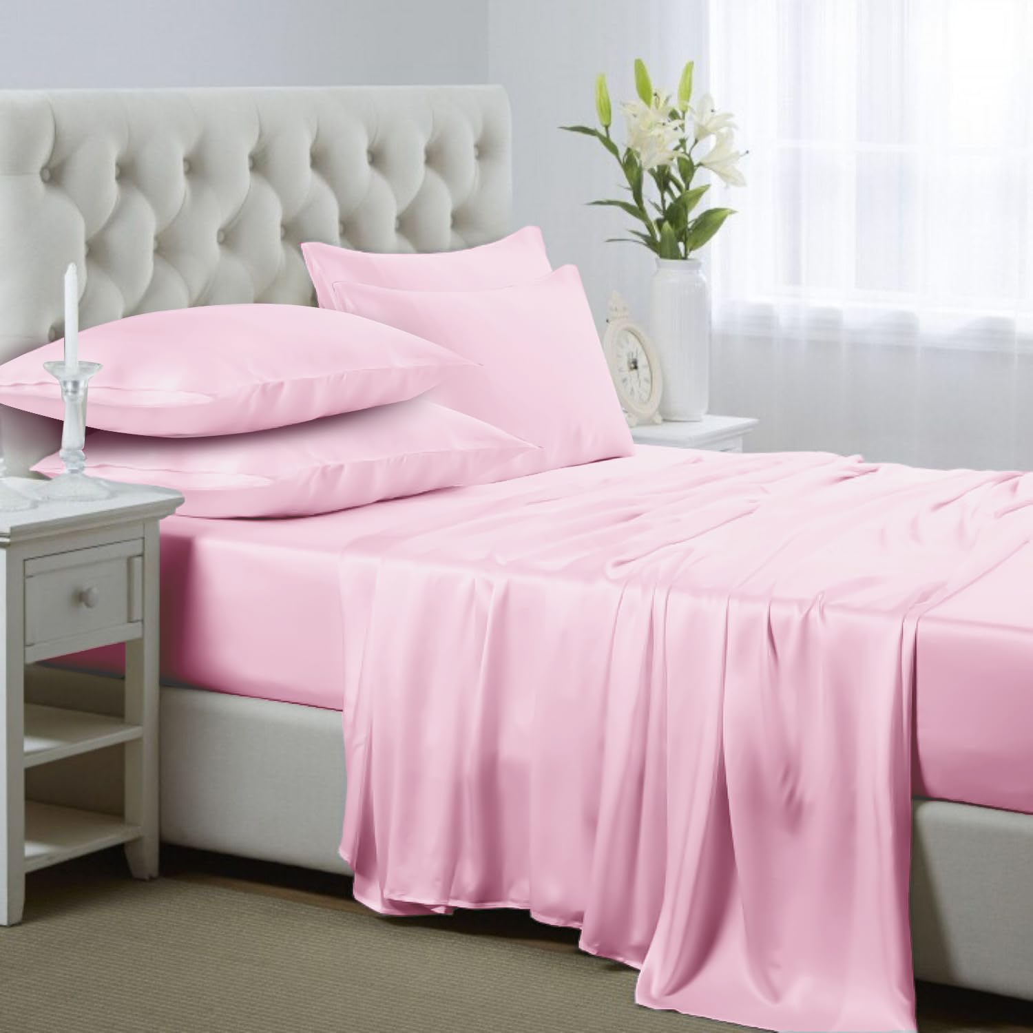 Lanest Housing Silk Satin Sheets, 6-Piece Queen Size Satin Bed Sheet Set with Deep Pockets, Cooling and Soft Sheets Queen - Pink