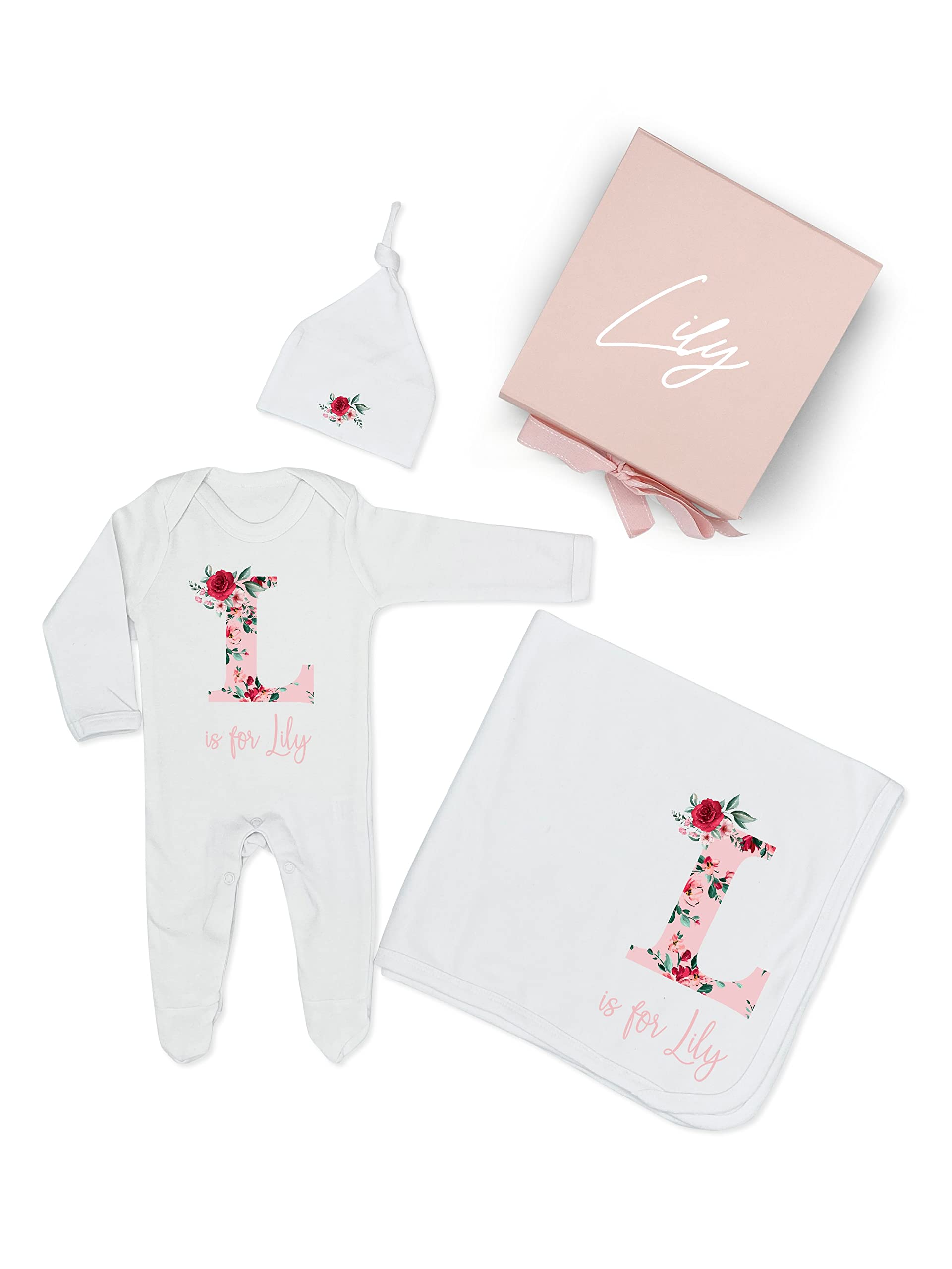 Allaboutthebump Personalised Floral Letter Baby Gift Set with Hat, Blanket, Babygrow, and Ribbon Gift Box (Newborn Babygrow & Blanket)