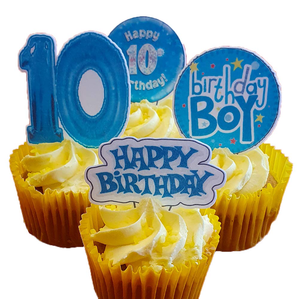 Made4You 10th Birthday Boy, Edible Cake Decorations, Blue - Stand-up Wafer Cupcake Toppers (Pack of 12)