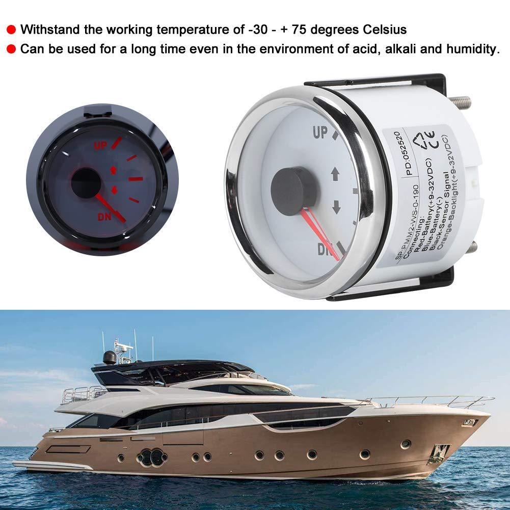 Indicatore di Assetto Barca 52 Mm/2 Pollici Indicatore Inclinazione UP-DN 0-190 Ohm Retroilluminazione Rossa (Cornice d'argento su bianco)