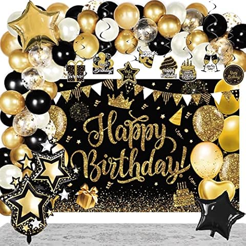 Black and Gold Birthday Party Decorations, Black Gold Balloon Garland Arch Kit with Happy Birthday Backdrop Hanging Swirls Foil Balloons for Men Women Birthday Party Decorations Supplies Cover