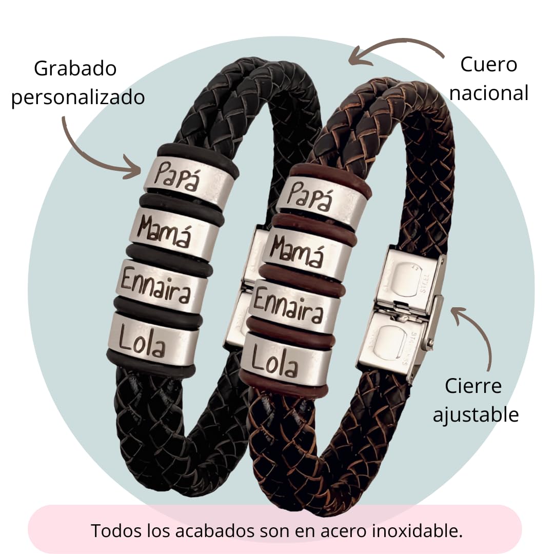 Pulsera personalizada con nombres, totalmente ajustable, fabricada con dos tiras de cuero redondo y acero. MODELO TITI. Regalos día del padre, regalos San Valentín.