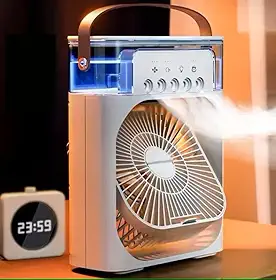 Climatizador Portátil 3 em 1 com Lanterna LED – Mini Ar-Condicionado com Gelo, Umidificador e Ventilador Silencioso, Recarregável via USB, Ideal para Casa, Camping, Escritório, Viagem e Emergência