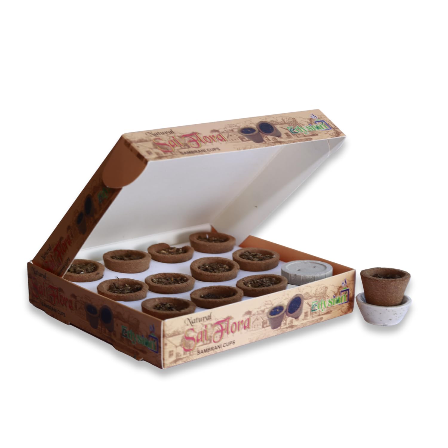 Sai Flora Sambrani Dhoop Cup | Cow Dung & Guggul Loban Dhoop Cones,12 Cups/Pack with 1 Burner Plate | Havan Cups for Pooja | for Homes, Temples, Offices, and Spiritual Ceremonies (Pack of 6)-image-40