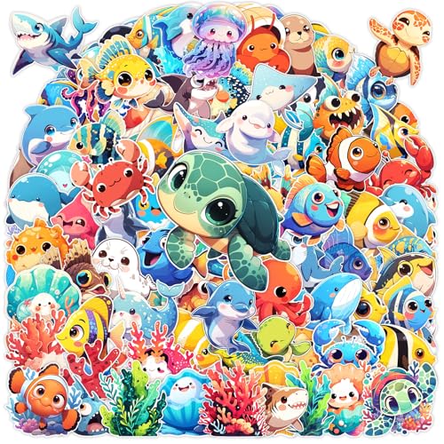 100 Pcs Cartoon Ocean Animal Stickers Pack for Kids Teens Adults,Cute Sea Life Waterproof Vinyl Decals Under The Sea Fish Turtle Stickers for Water Bottles Ocean Theme Party Favors Teacher Rewards