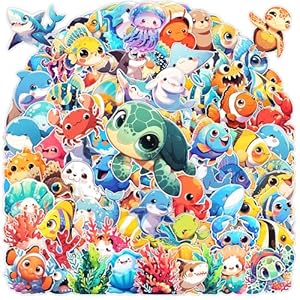 Paquete de 100 calcomanías de dibujos animados de animales del océano para niños, adolescentes y adultos, lindas calcomanías de vinilo impermeables de vida marina debajo del mar, peces y tortugas