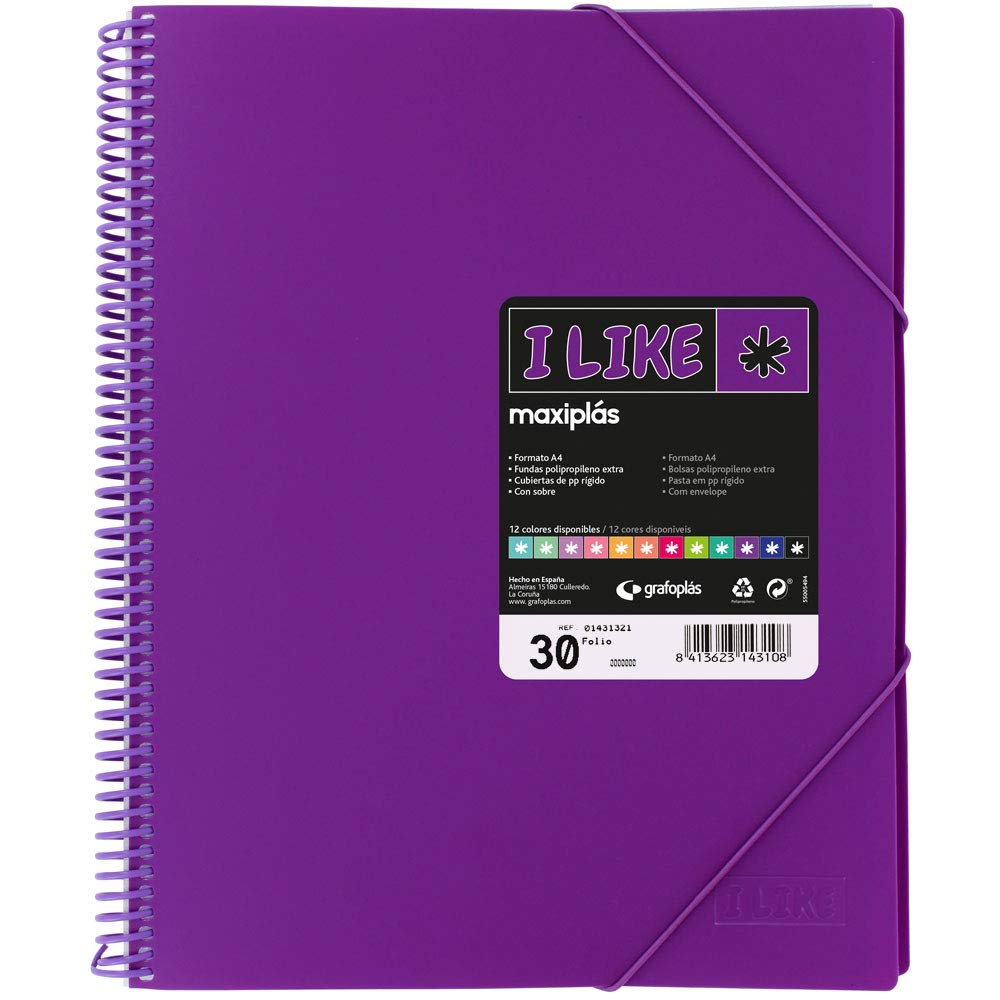 Grafoplás 39823235 Binder with 30 Transparent Spiral Covers, Purple A4, Rigid Opaque Polypropylene Covers, Maxiplas Like