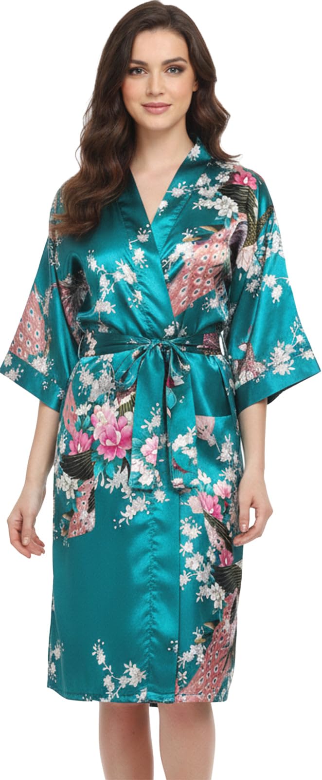 Trifolium Kimono Robe And Chemise Silky Peacock Satin Nightgown Bathrobe Wedding Negligee Nightdress — view 10