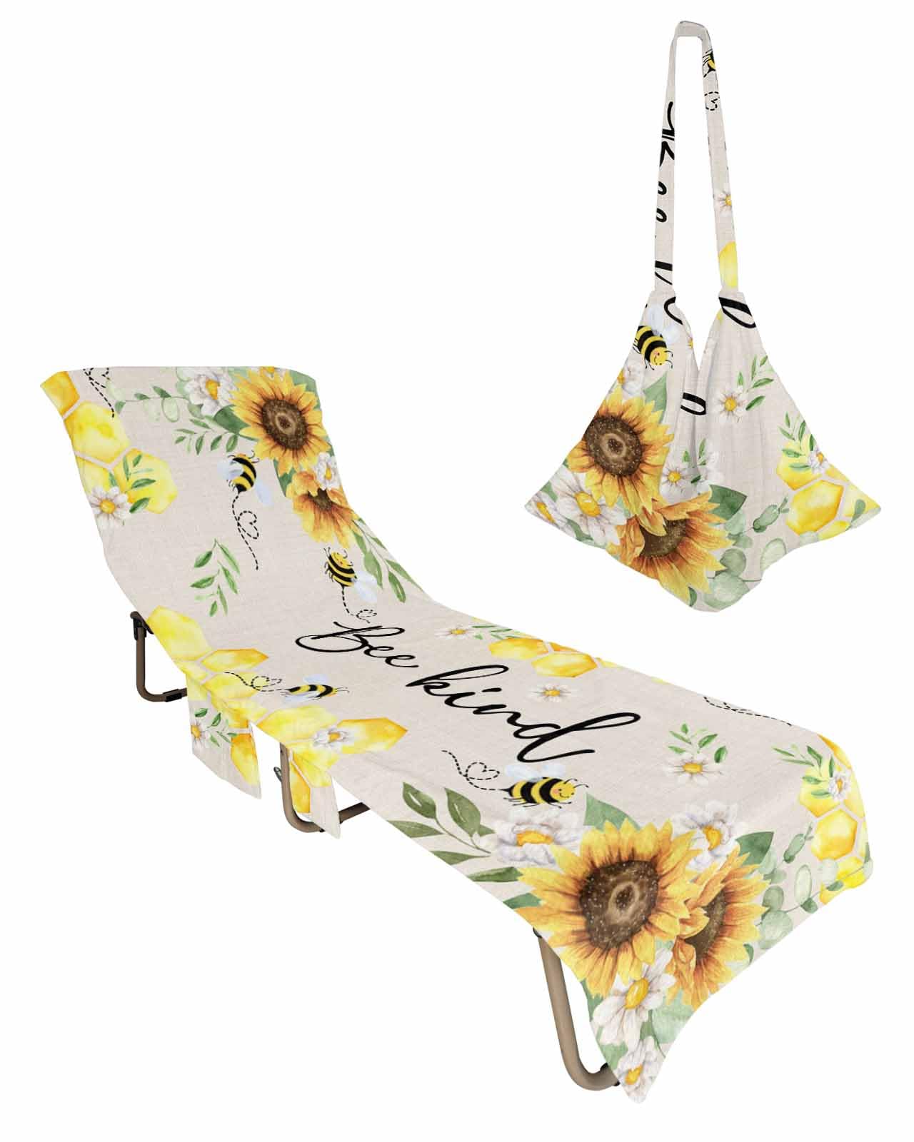 Bee Sunflower Beach Chair Towel Covers for Chaise Lounge with Side Pocket, Soft Plush Pool Towels Cover for Patio Sunbathing Outdoor Farmhouse Eucalyptus Leaves Spring Summer 29''x85''