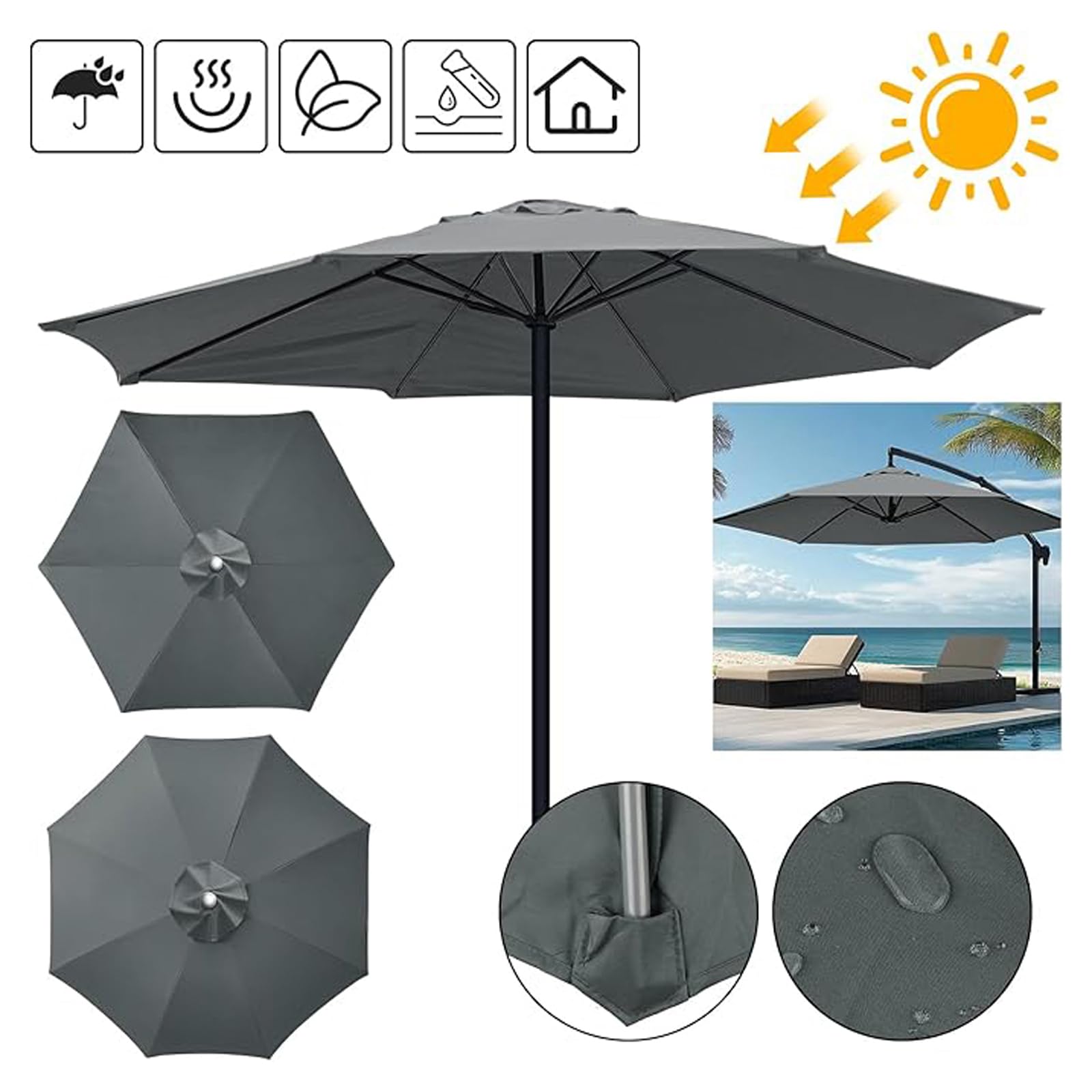 Générique Toile de Remplacement pour Parasol 8 Branches Housse de Remplacement pour Parasol de Jardin 2.7M Terrasse pour Jardin Cour Plage