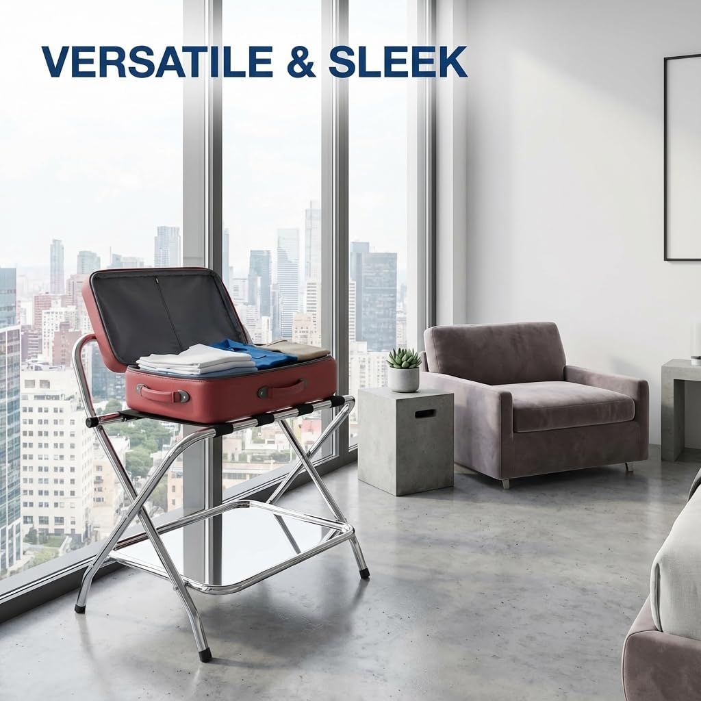 USTECH Single-Tier Luggage Rack High Back – Chrome Foldable Suitcase Stand with Portable Utility, Ideal for Guest Room, Bedroom, Hotel & Closet Storage - Easy Self-Assembly Included (Pack of 1)