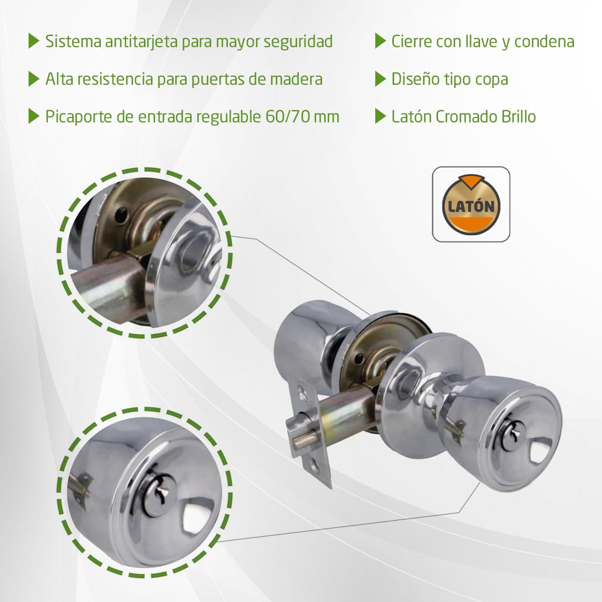 Amig - Juego de Pomos para Puerta de Entrada Interior - Para Puertas de Madera 35‑45 mm - Picaporte 60/70 mm con Condena Interior - Instalación con Agujero Ø54 - Latón Cromado brillo - Mod. 600