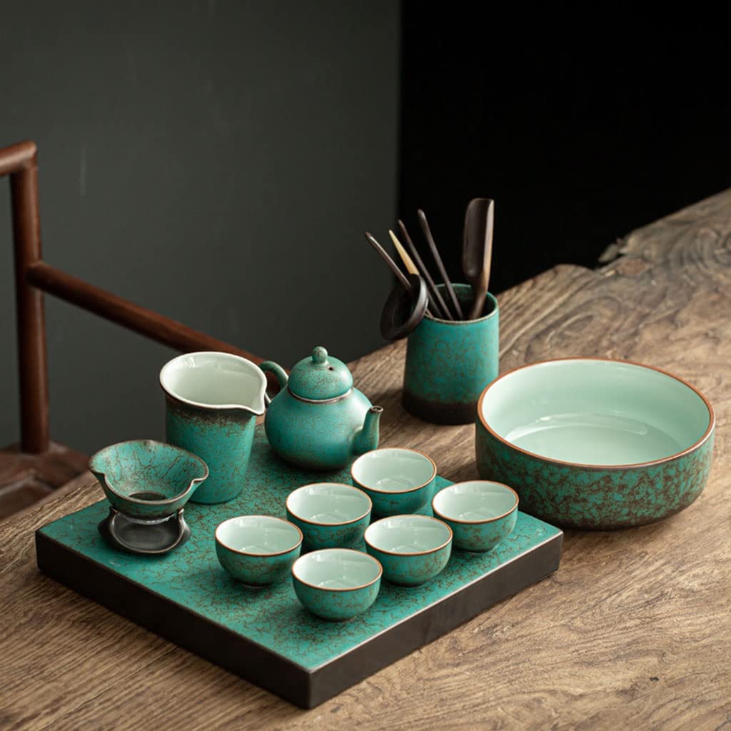 DFGHNBVC Green Kiln Change Kung Fu Tea Set, Home Office Covered Bowl Teapot Retro Simple Ceramic Tea Tray,Chinese Gongfu Tea Table Serving,F
