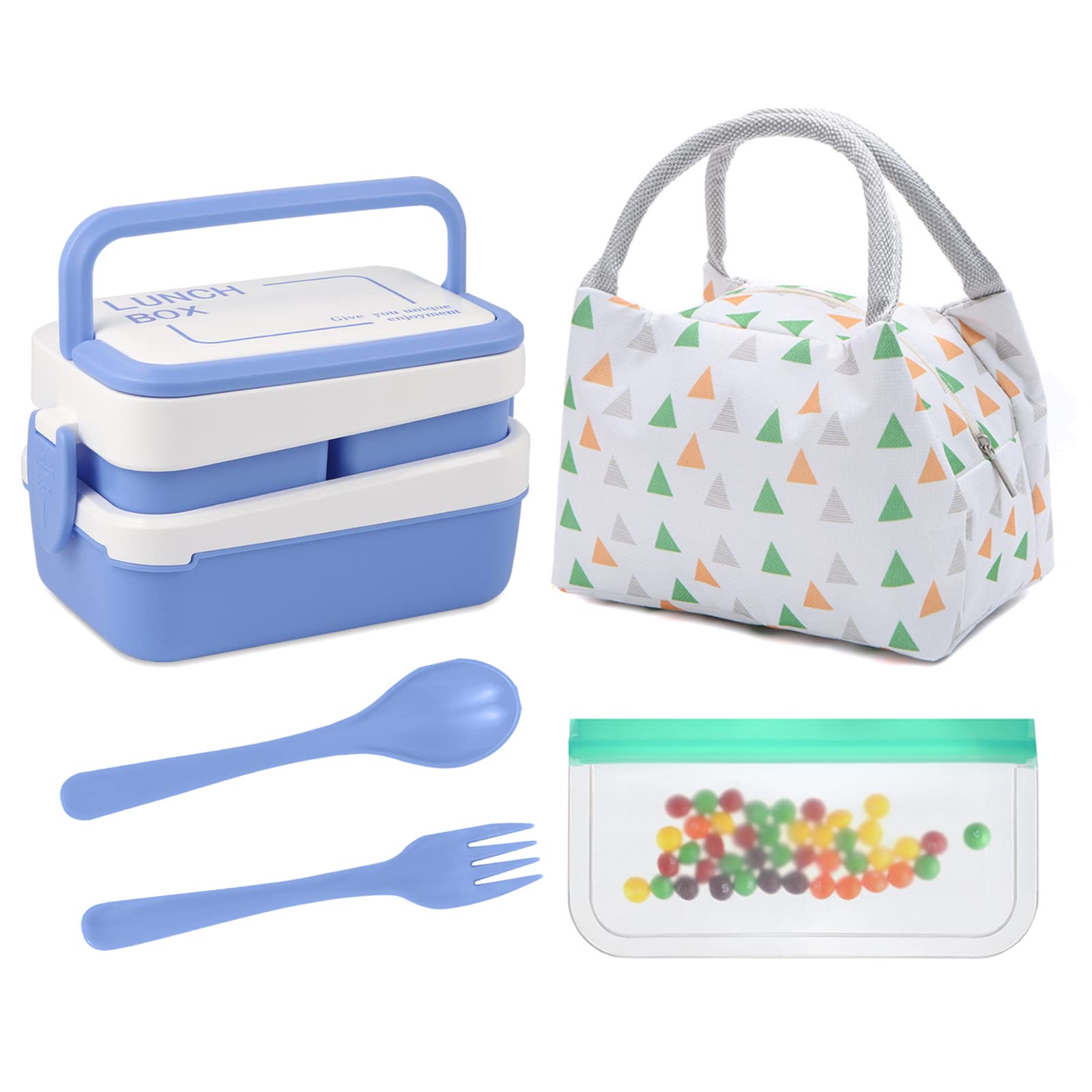 MOFELE Bento Box Adult Lunch Box, Bento Box For Adults, 2 Layer BPA-Free Bento Box With Bag, Utensils, 3 Compartment Bento Box With Handle, Microwave/Dishwasher Safe Cute Bento Box