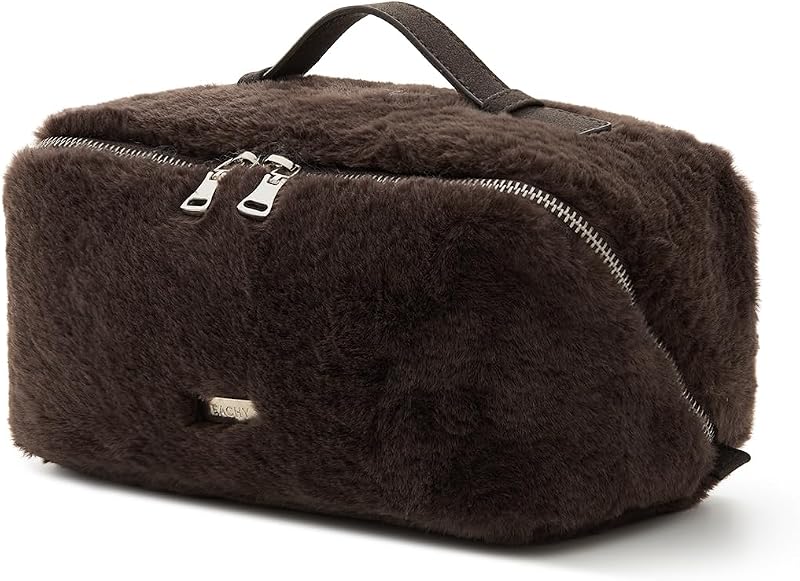 EACHY Travel Makeup Bag for Women, Faux Fur Cosmetic Bag, Brown, Medium | Faux fur bag with flat-open access, inner storage and clear TPU brush pocket for makeup, toiletries and travel essentials