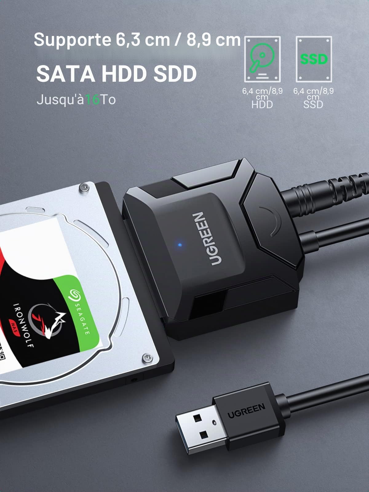UGREEN Adaptateur USB 3.0 vers SATA Câble pour Disque Dur 2,5 3,5 Pouces HDD SSD avec Alimentation 12V 2A