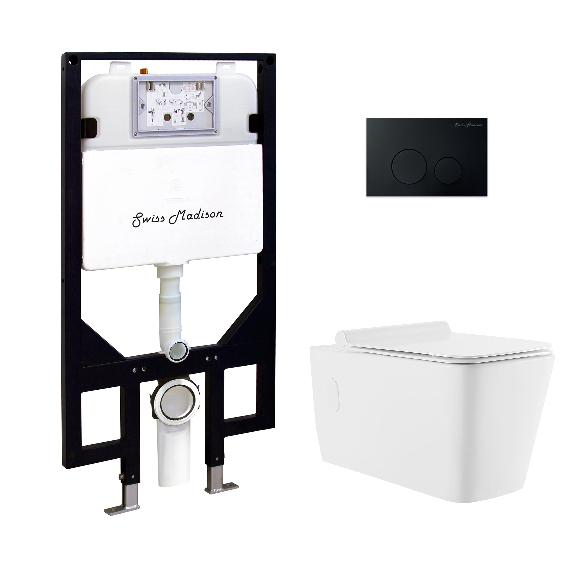 Bastille Wall-Hung Toilet Bundle 0.8/1.6 GPF Dual Flush in Glossy White with Black Flush Plate