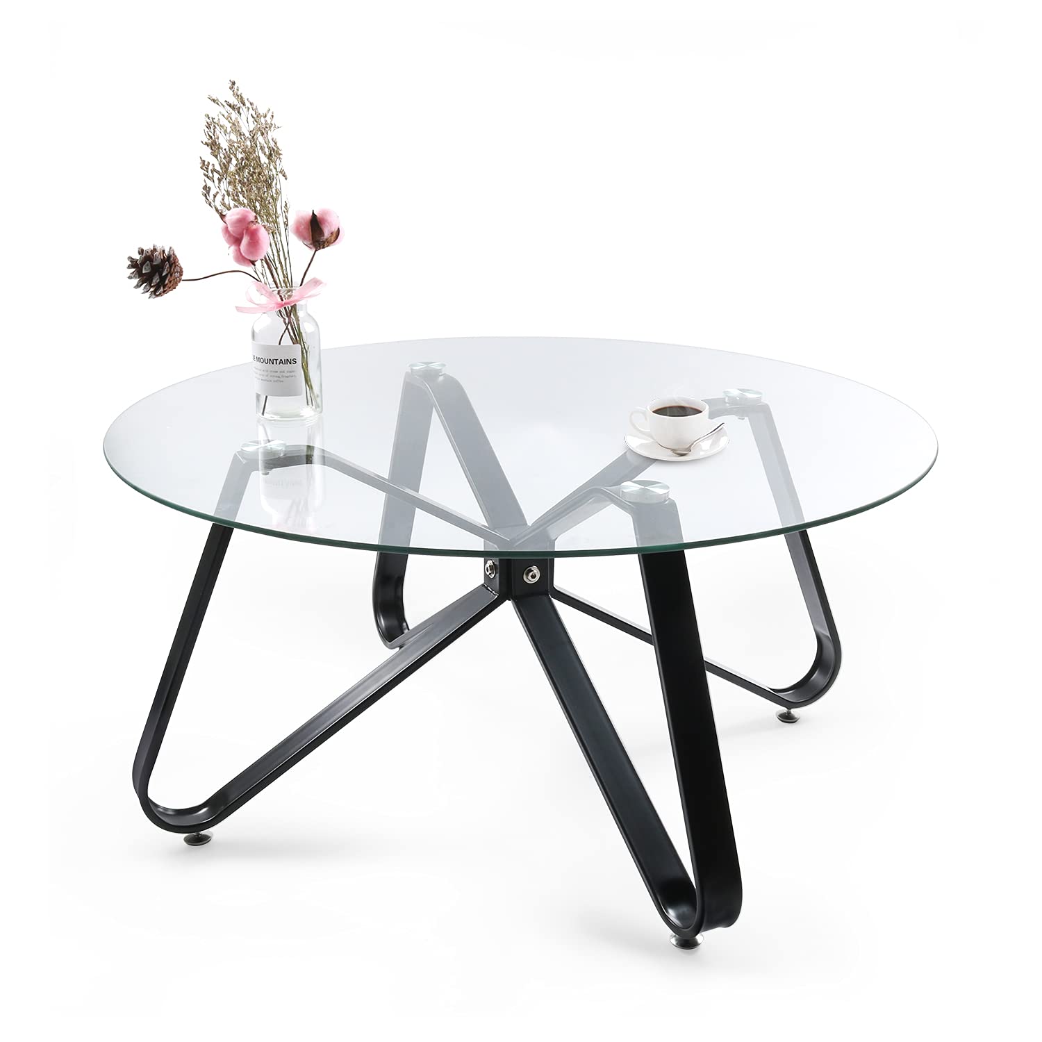 Glass Round Coffee Table - Modern 31.5in Tempered Glass Top, Black Sofa End Table with Protective Foot Pads, Metal Leg - Ideal for Living Room, Dining Room, Apartment, Small Spaces.