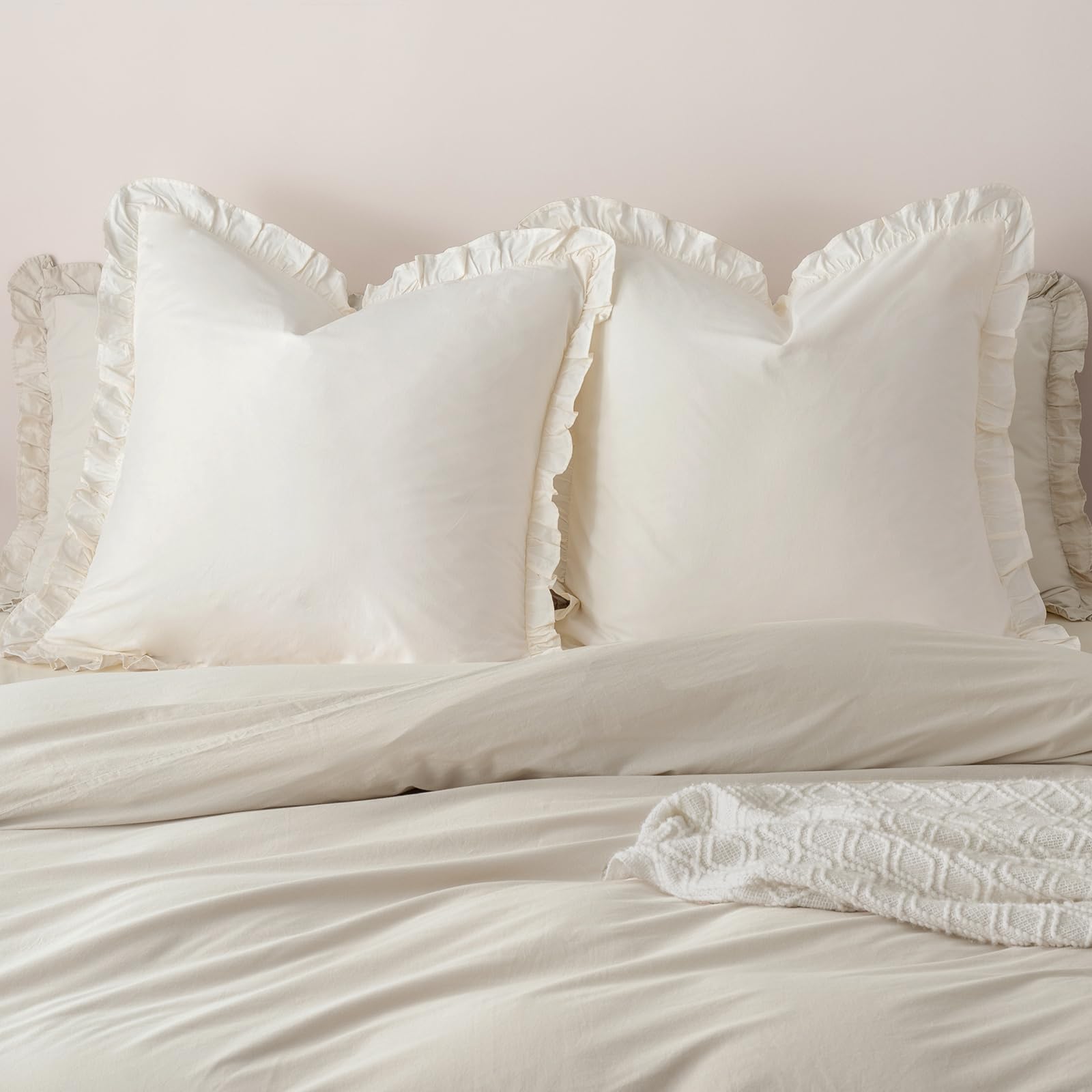 100% washed cotton euro shams with ruffle, 2 pack 26" x 26" cotton euro sham pillow covers, no insert, ultra soft decorative farmhouse bedding for bed sofa, cannoli cream