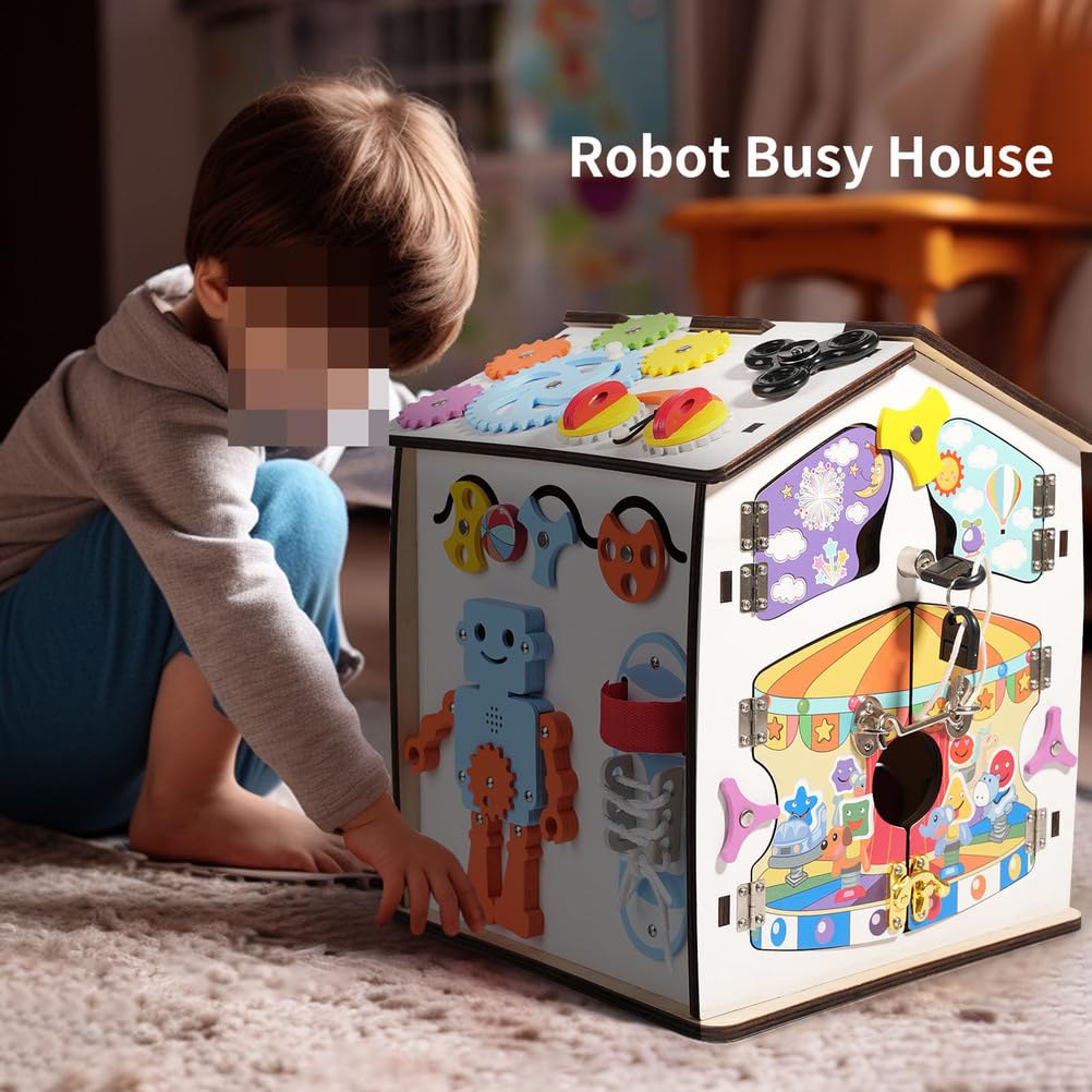 Casa Occupata in Legno Montessori, Cubo Sensoriale per Bambini con Serrature e Chiusure