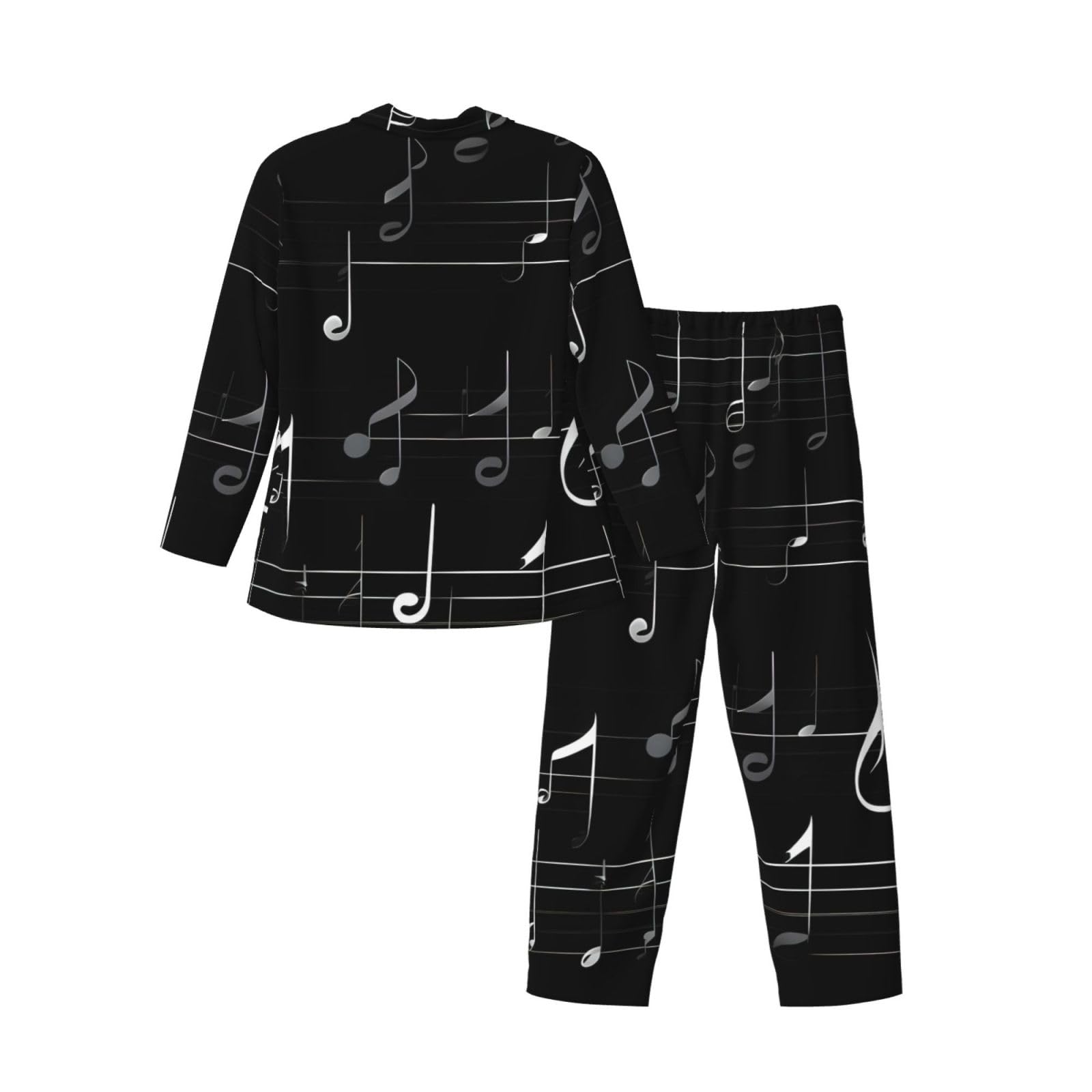 Herren-Pyjama-Set, langärmelig, mit Musiknoten-Aufdruck, zweiteilig, bequem, Nachtwäsche, Schwarz