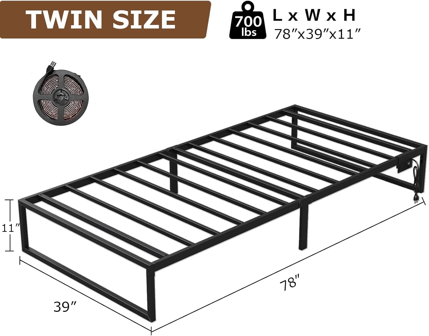 Diagram of the Twin Bed Frame with dimensions and LED strip roll