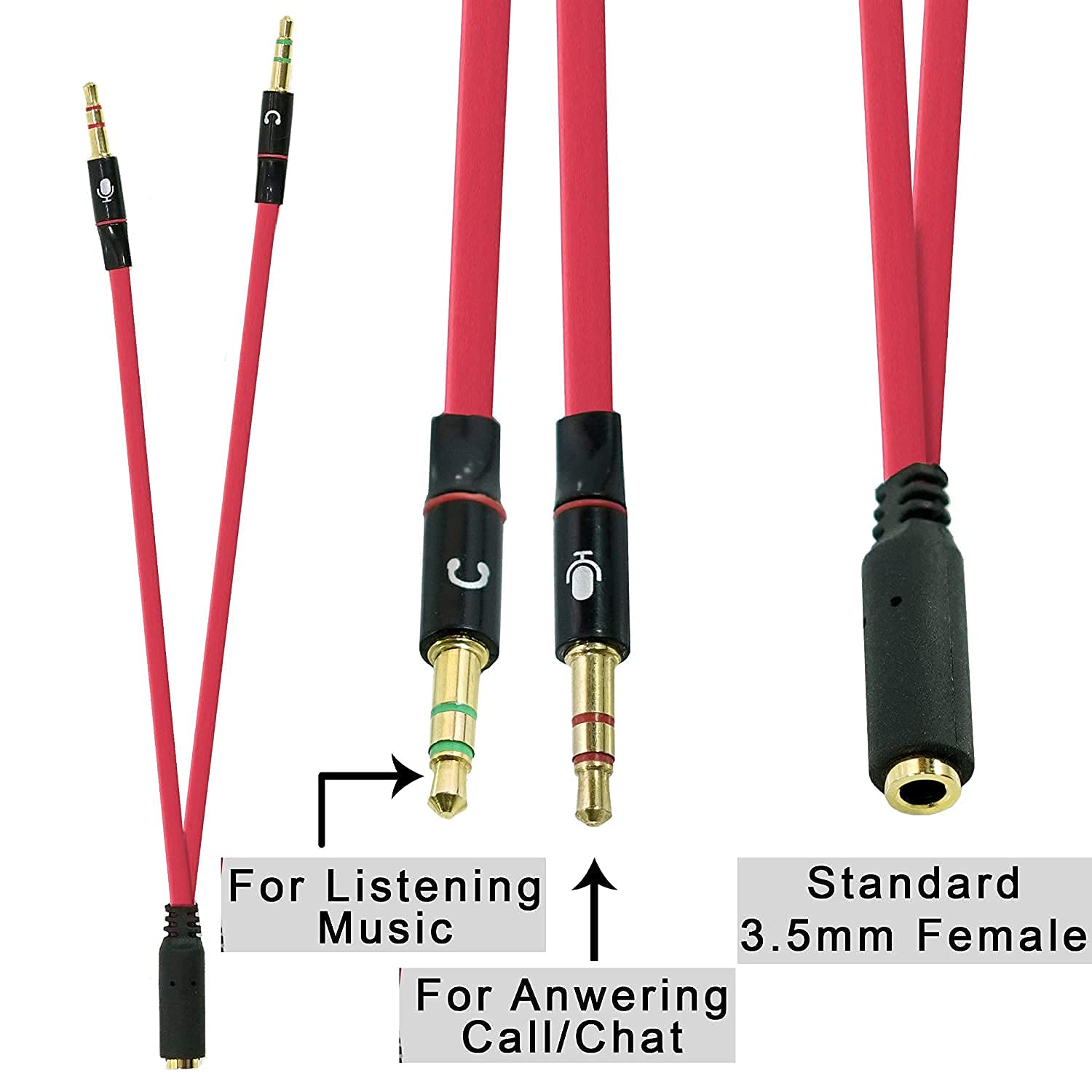 SaiTech IT Y-Splitterkabel für Kopfhörer, 2 Stecker auf 1 Buchse, 3,5 mm, für Kopfhörer, Mikrofon, Audio, Y-Splitterkabel für PC, Laptop, 20 cm, Rot, 2 Stück