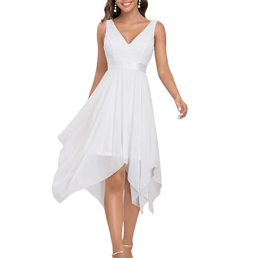 Ever-Pretty Womens Tea-Length V Neck Chiffon Formal Dress for Party White US8