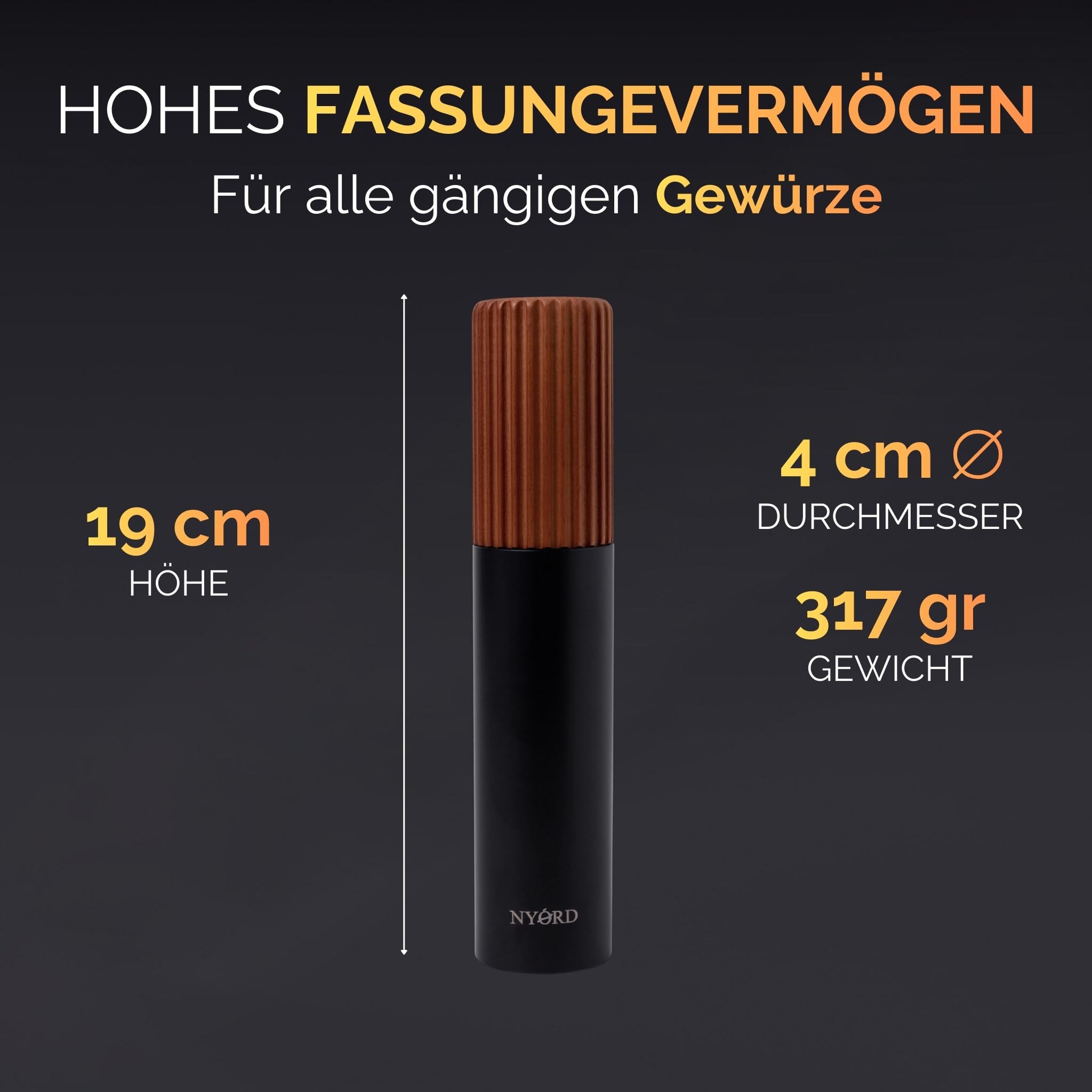 NYORD Gewürzmühle – Schwarze Salz und Pfeffermühle, Manuelle Mühle mit Edelstahl Mahlwerk, Groß mit hohem Fassungsvermögen, Stufenloses Einstellen des Mahlgrades, Holzgriff aus Birkenholz