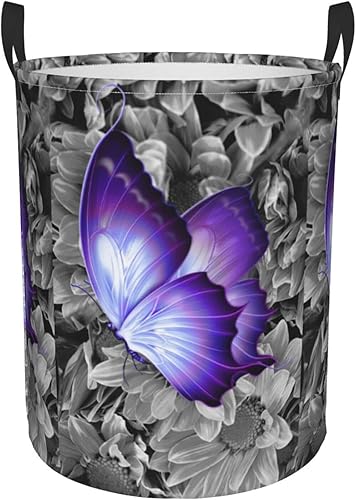 Purple Butterfly Laundry Basket, Waterproof Wear Band Handle Round Laundry Basket For Bedroom And Laundry Room