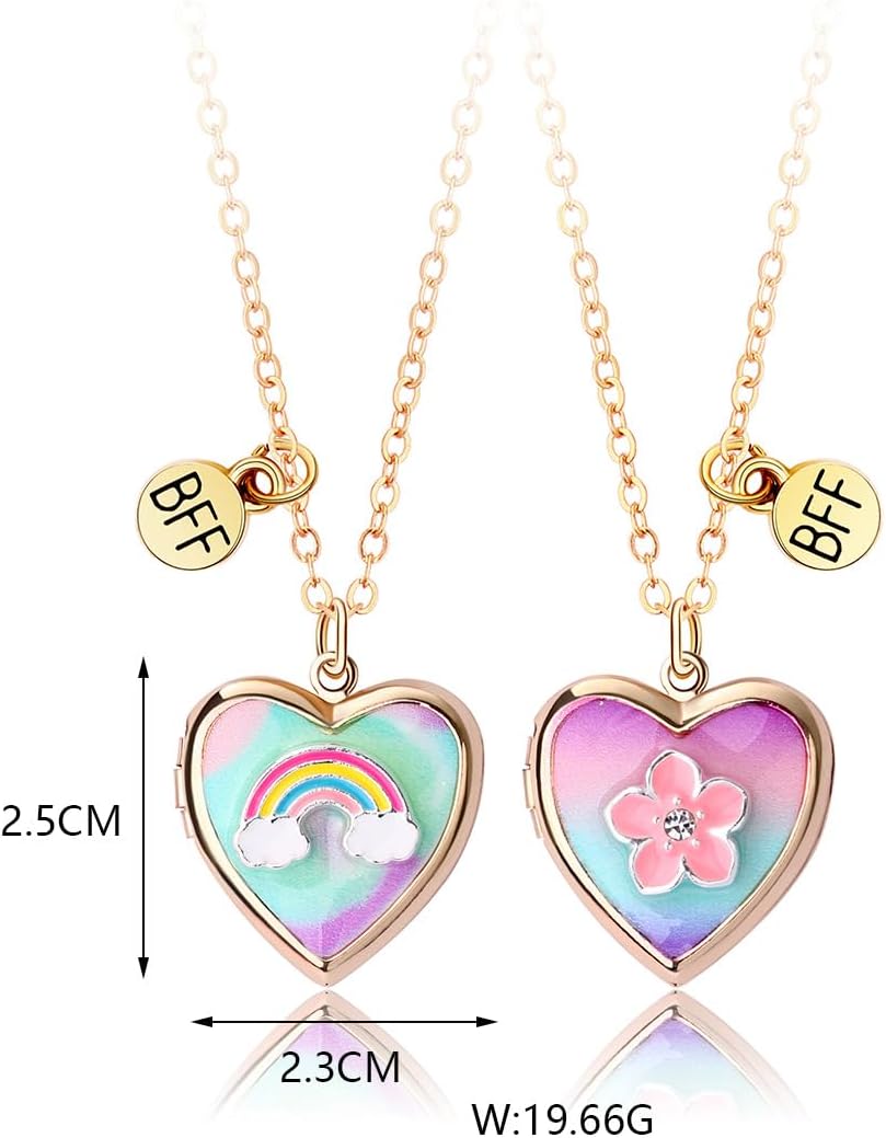 Rainbow Flower BFF Friendship Necklace Cute Heart Pendant Locket Picture Necklaces Set Of 2 Photo Secret Inside Storage Matching Birthday Graduation Jewelry Gifts for Sister Besties Daughter Best Friend Forever Women - Image 6
