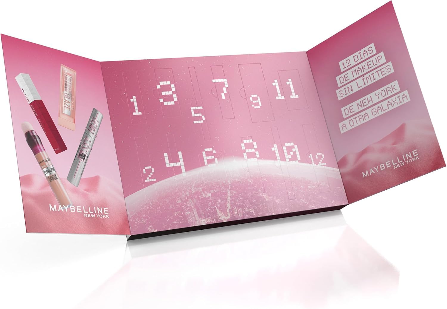 Maybelline New York, Calendario de Adviento 2025, Edición Limitada, 12 Productos, Maquillaje para Ojos, Labios, Rostro y Uñas, Acabados Profesionales y Duraderos