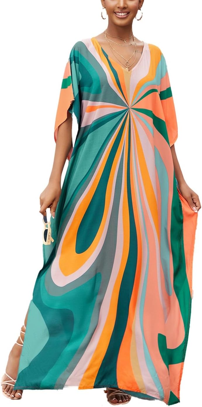 Kaftan Dresses for Women Plus Size Bathing Suit Cover up Batwing Sleeve Caftan Maxi Beach Dress